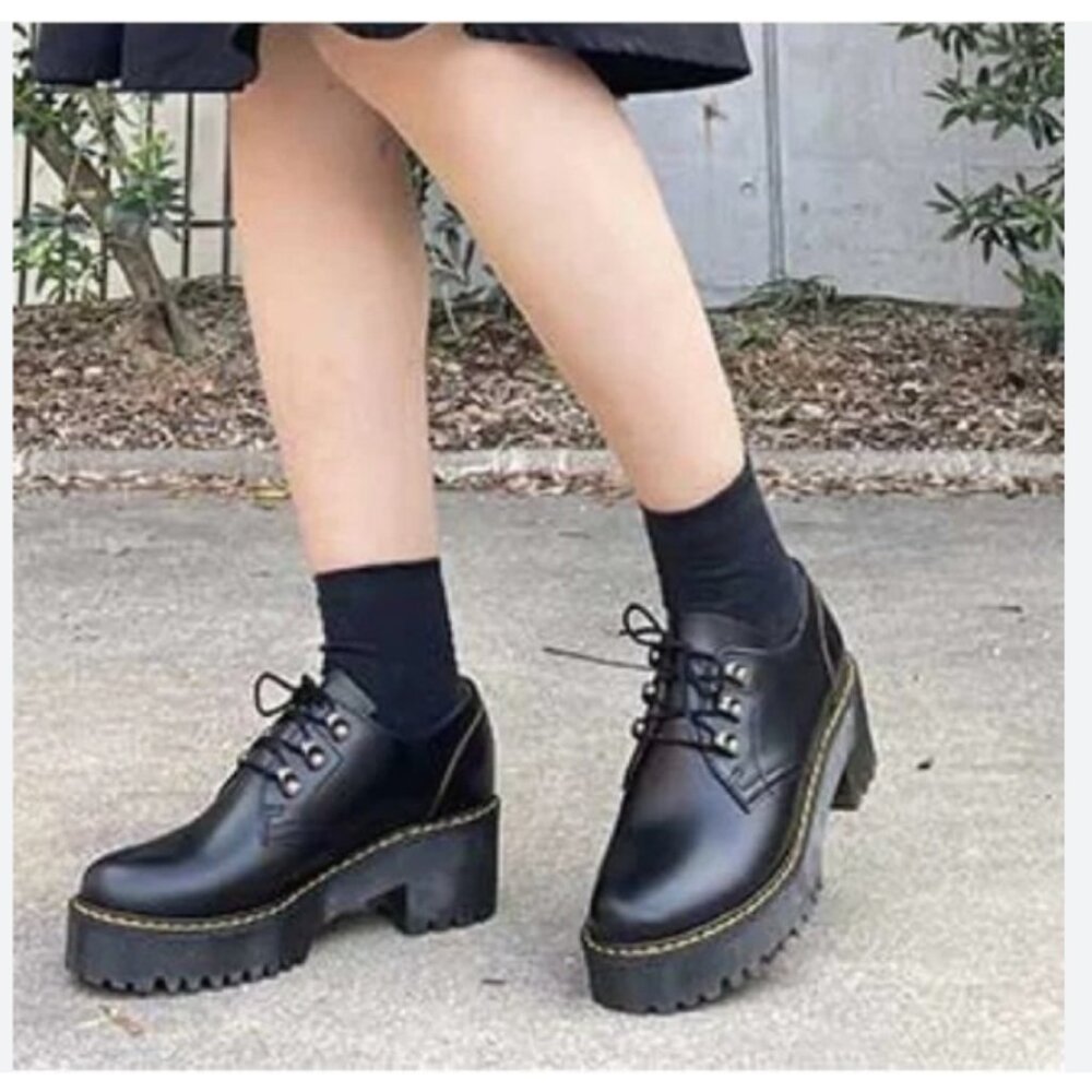 DR. MARTENS LEONA HEELED PLATFORM DERBY IN SMOOTH LEATHER MSRP $190